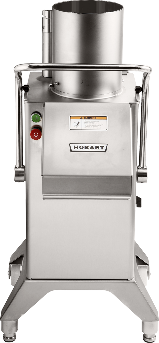 The Hobart FP400I Continuous-Feed Food Processor features a stainless steel build, cylindrical feed chute, control buttons, sturdy handles, wheels for mobility, and a front output chute. It delivers an impressive 132 lb/minute production rate.
