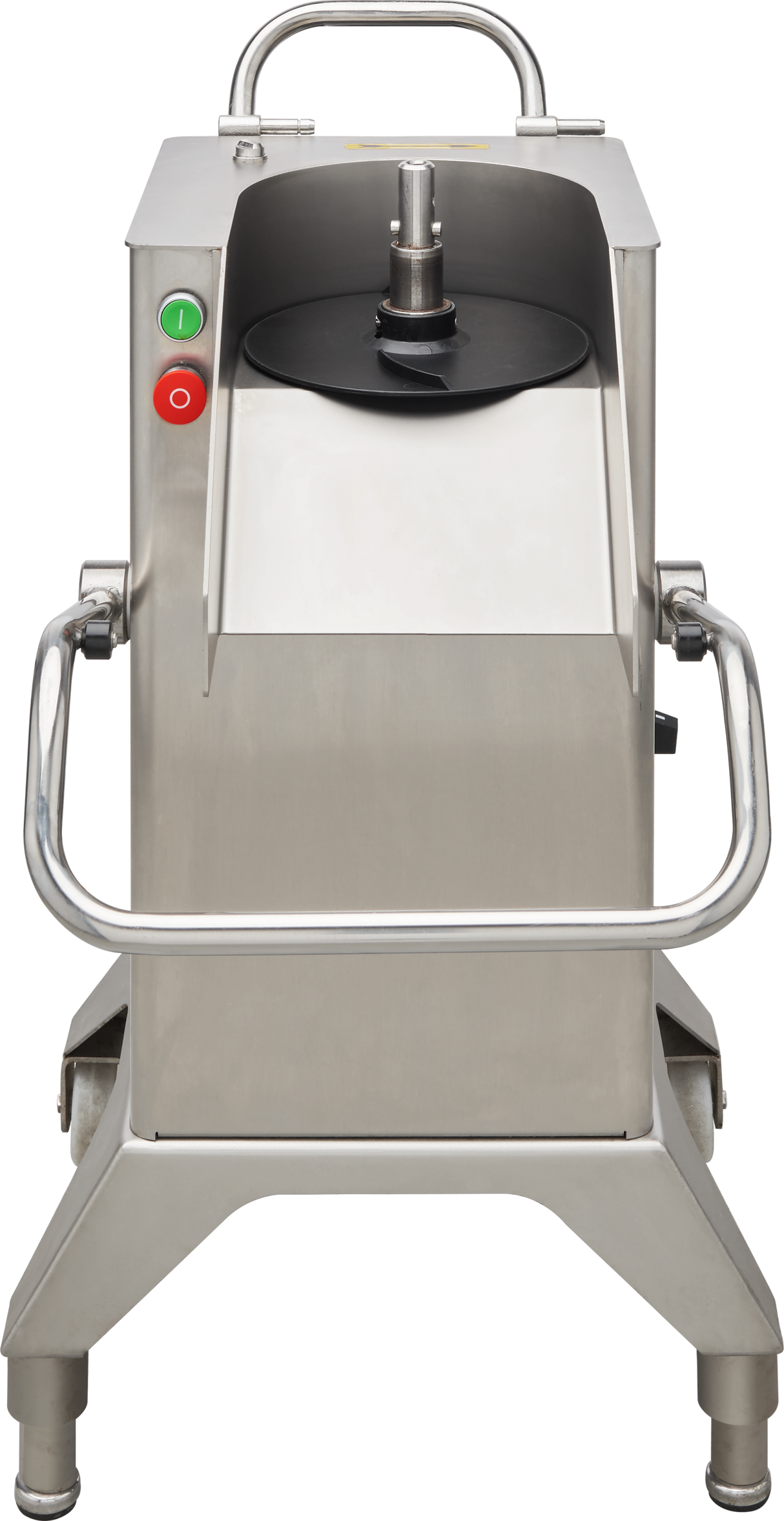 A front view of the Hobart FP400I-1 Continuous-Feed Food Processor with a large round black lid, push-button controls, side handles, and sturdy legs. This stainless steel machine features a central shaft and delivers up to 132 lb/minute production.