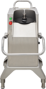 A front view of the Hobart FP400I-1 Continuous-Feed Food Processor with a large round black lid, push-button controls, side handles, and sturdy legs. This stainless steel machine features a central shaft and delivers up to 132 lb/minute production.