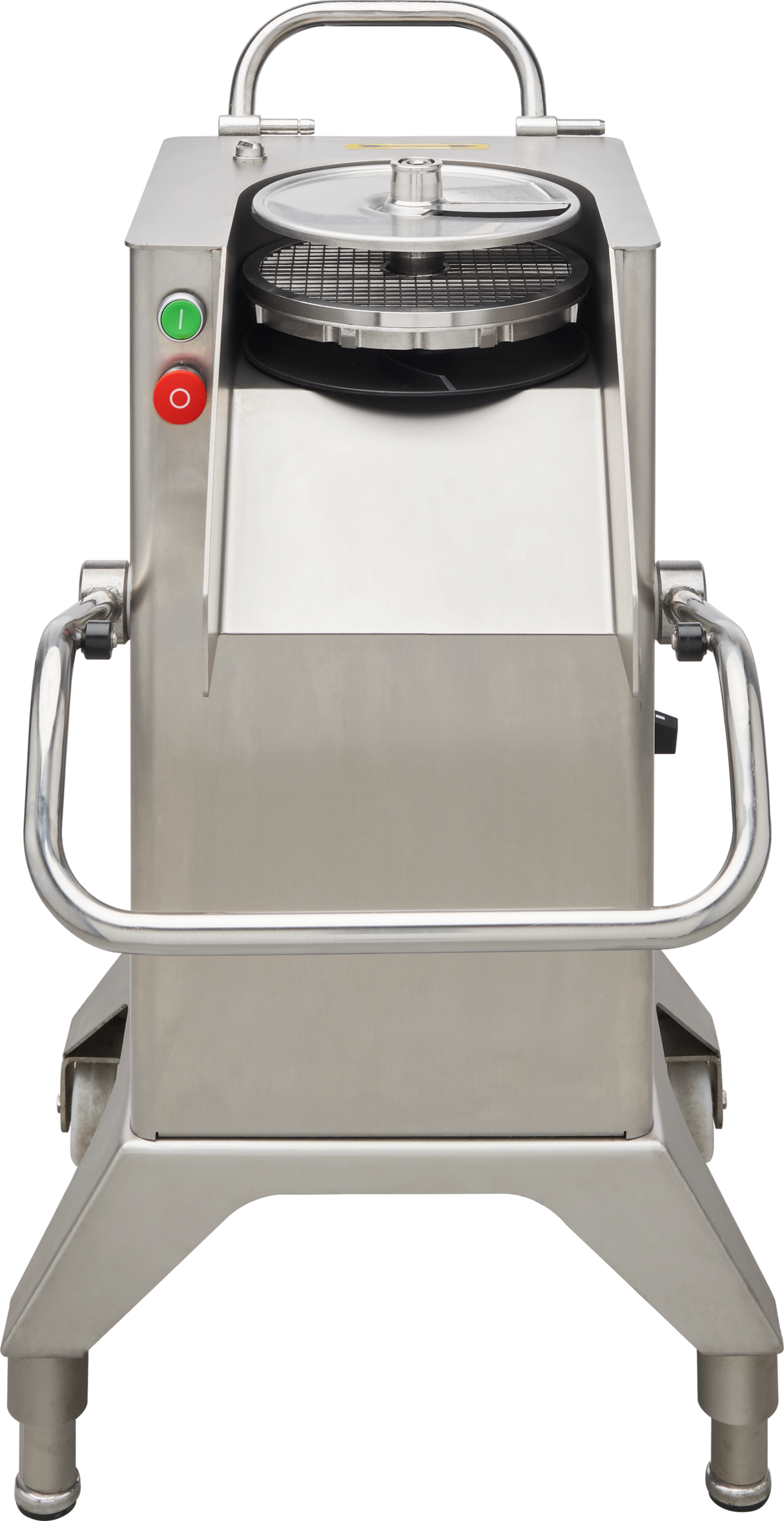 The Hobart FP400I-1 Continuous-Feed Food Processor features two side handles, a round black and silver cutting plate, and red and green control buttons. With 132 lb/minute production, this stainless steel machine boasts an industrial, utilitarian design.