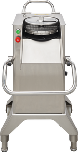 The Hobart FP400I-1 Continuous-Feed Food Processor features two side handles, a round black and silver cutting plate, and red and green control buttons. With 132 lb/minute production, this stainless steel machine boasts an industrial, utilitarian design.