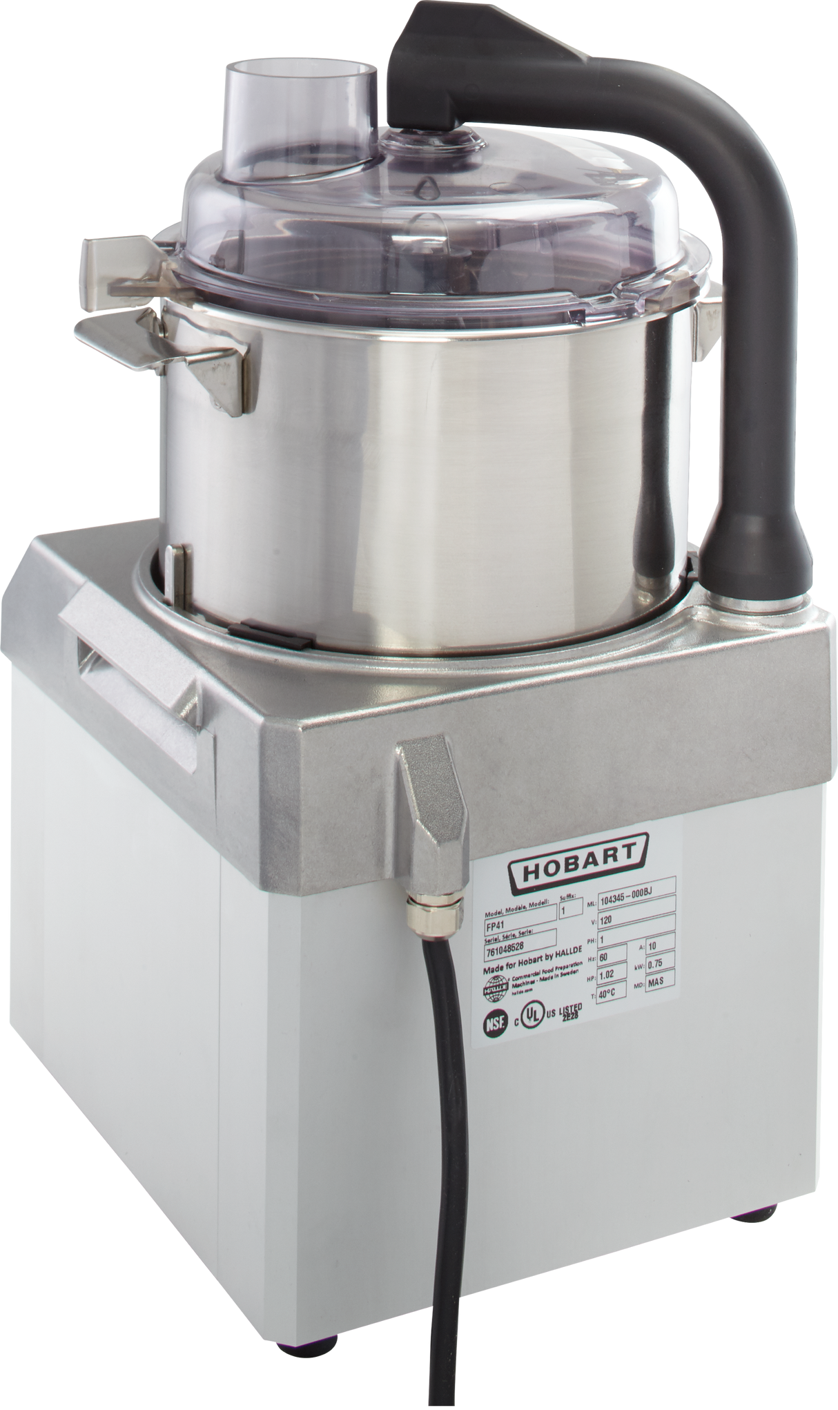 A stainless steel commercial Food Processor with a 4 qt. bowl, clear plastic lid, and black handle sits on a square metallic base with a Hobart label. The industrial design is ideal for heavy-duty kitchen use.