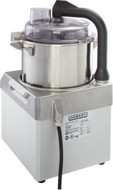 A stainless steel commercial Food Processor with a 4 qt. bowl, clear plastic lid, and black handle sits on a square metallic base with a Hobart label. The industrial design is ideal for heavy-duty kitchen use.