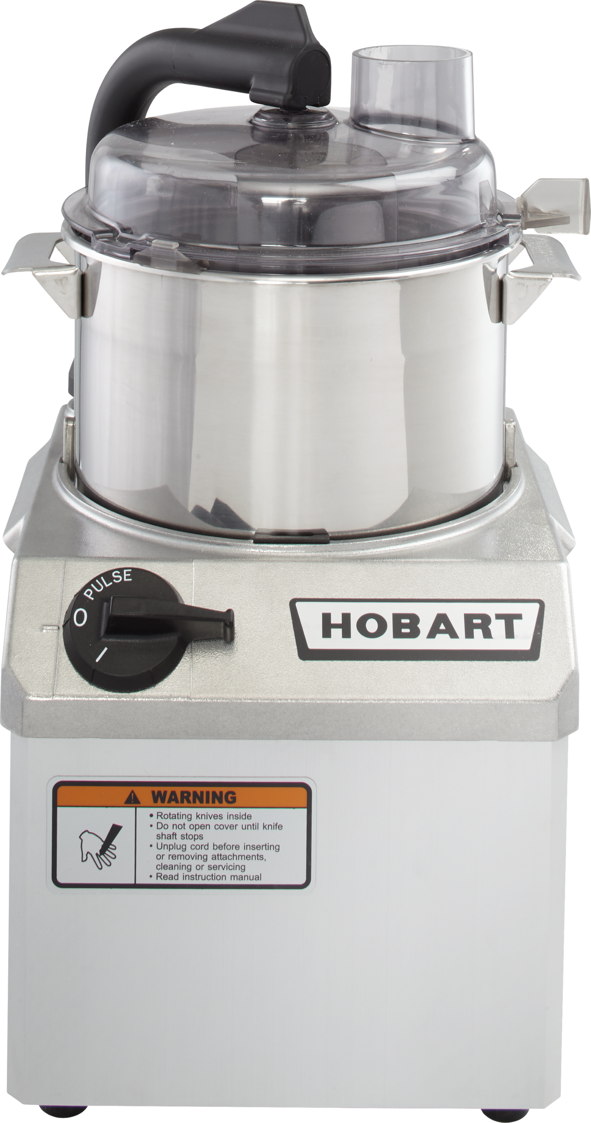 A commercial Hobart food processor with a clear lid, black handle, and sturdy stainless steel base. The front panel features a dial with Off and Pulse settings, a large HOBART logo, and a warning label about the sharp blade.