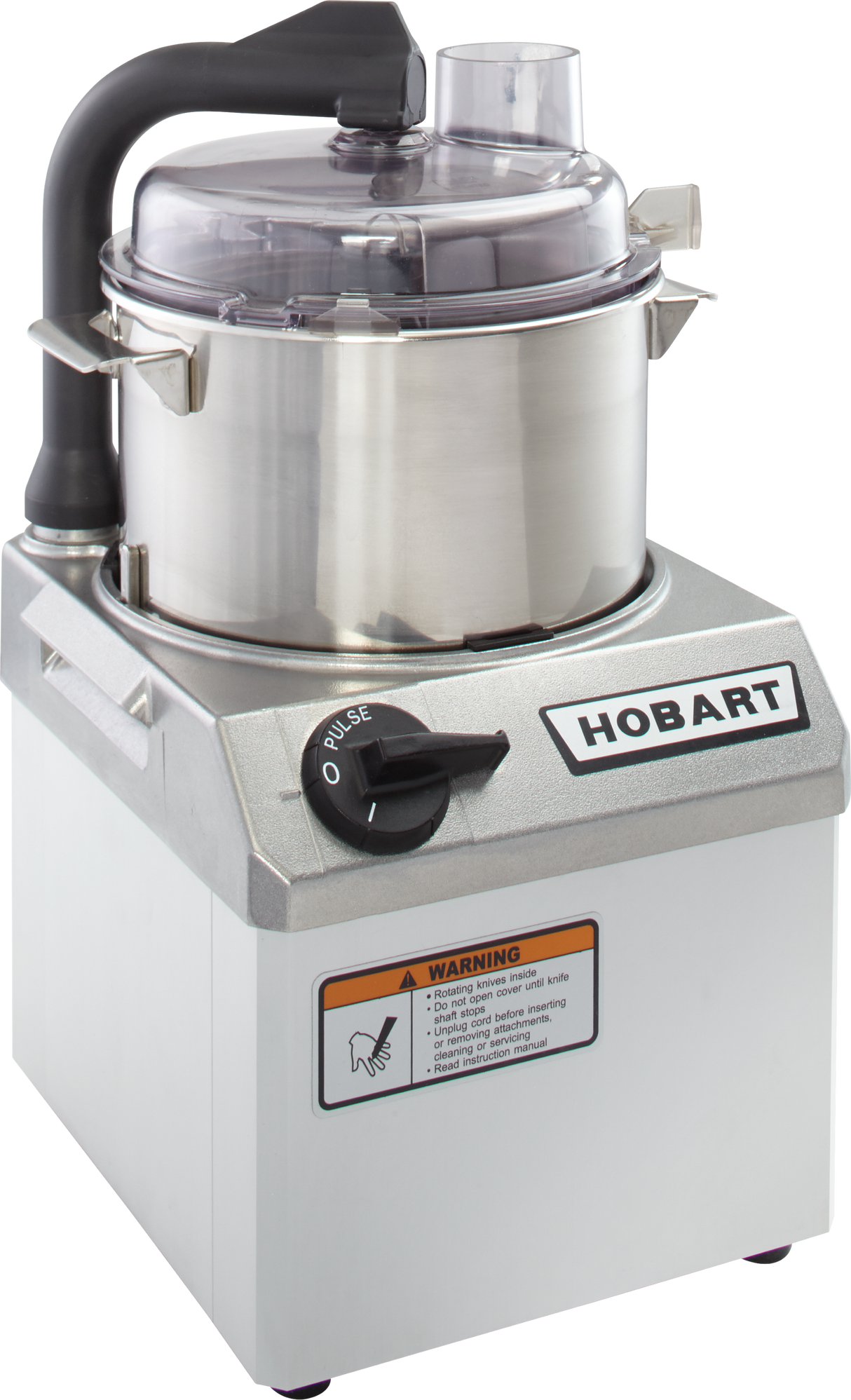 A stainless steel Hobart food processor featuring a 4 qt bowl, clear plastic lid, black handle, and a control knob labeled OFF and PULSE. A warning label appears on the front panel, with the HOBART brand name displayed prominently.