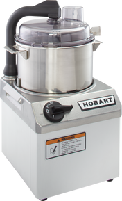 A stainless steel Hobart food processor featuring a 4 qt bowl, clear plastic lid, black handle, and a control knob labeled OFF and PULSE. A warning label appears on the front panel, with the HOBART brand name displayed prominently.