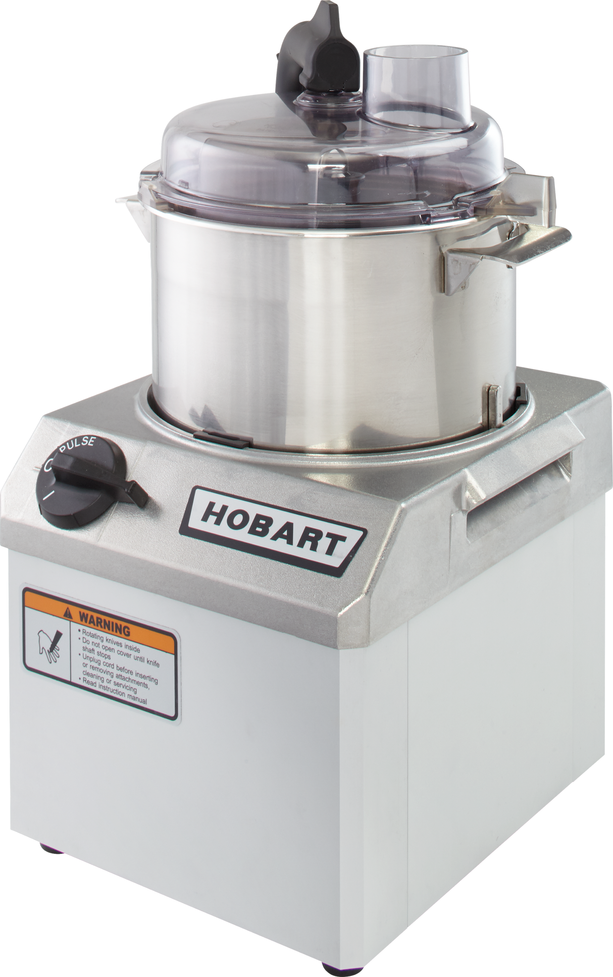 A silver Hobart commercial food processor with a stainless steel 4 qt bowl, clear lid, handle, and control knob on the front. A warning label and the word HOBART are displayed prominently on its sleek metallic body.