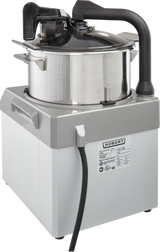 A commercial Hobart HCM61-1 Food Processor with a 6 qt. stainless steel mixing bowl, tightly sealed lid, black handle, and curved chute. The compact gray and white base features a control panel and power cord—ideal for industrial kitchens.