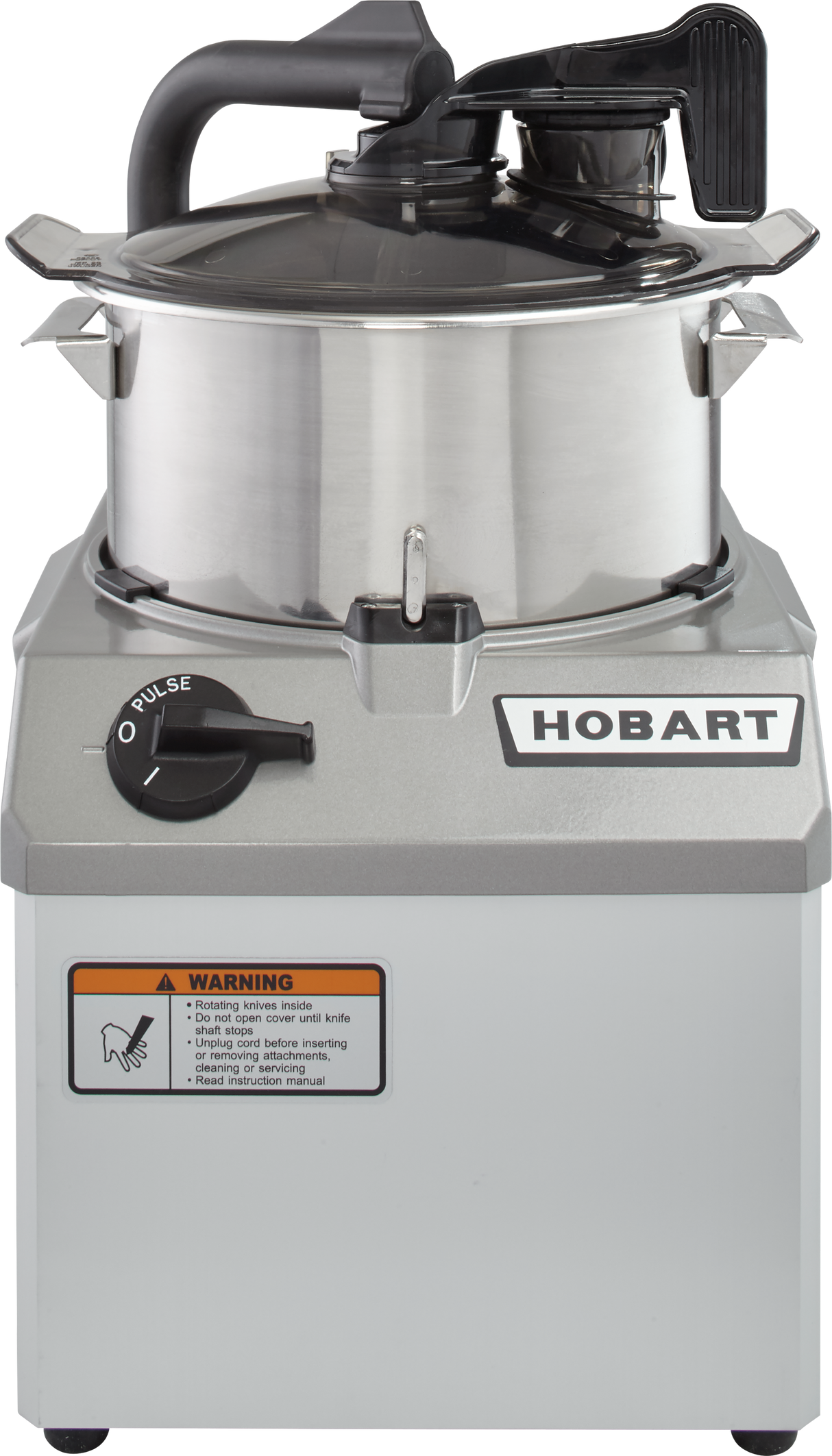 A stainless steel Hobart Food Processor with a 6 qt. bowl, clear lid, black handle, and control knob sits on a silver base. A warning label about sharp COOLCUTTER knives and safety instructions is visible on the front.