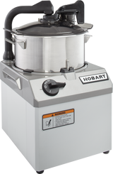 The Hobart HCM61-1 Food Processor features a sturdy, box-shaped design with a 6 qt. bowl, black handle, clear lid, control knob, and front warning label—perfect for industrial kitchens.
