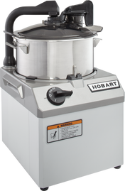 The Hobart HCM61-1 Food Processor features a sturdy, box-shaped design with a 6 qt. bowl, black handle, clear lid, control knob, and front warning label—perfect for industrial kitchens.