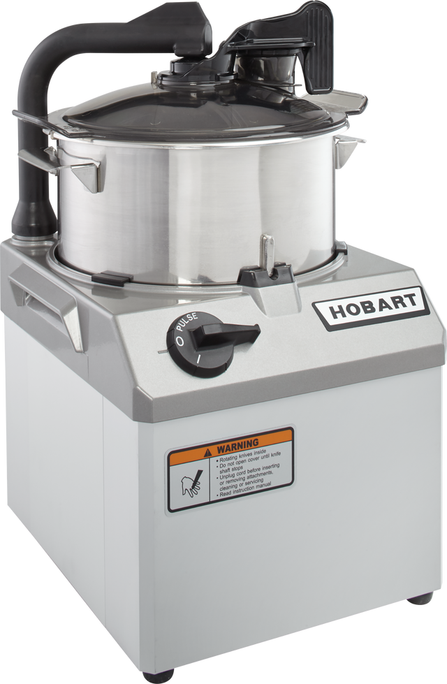 The Hobart HCM61-1 Food Processor features a sturdy, box-shaped design with a 6 qt. bowl, black handle, clear lid, control knob, and front warning label—perfect for industrial kitchens.