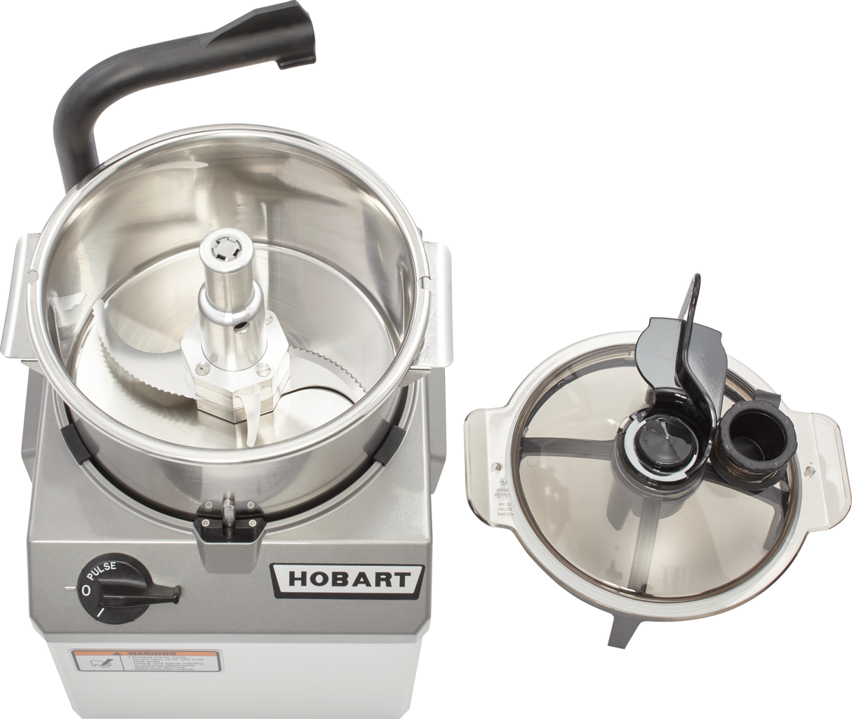 A silver Hobart Food Processor with a 6 qt. bowl reveals sharp COOLCUTTER knives inside, next to a transparent lid featuring black handles and feed tubes; the control dial is set to off.