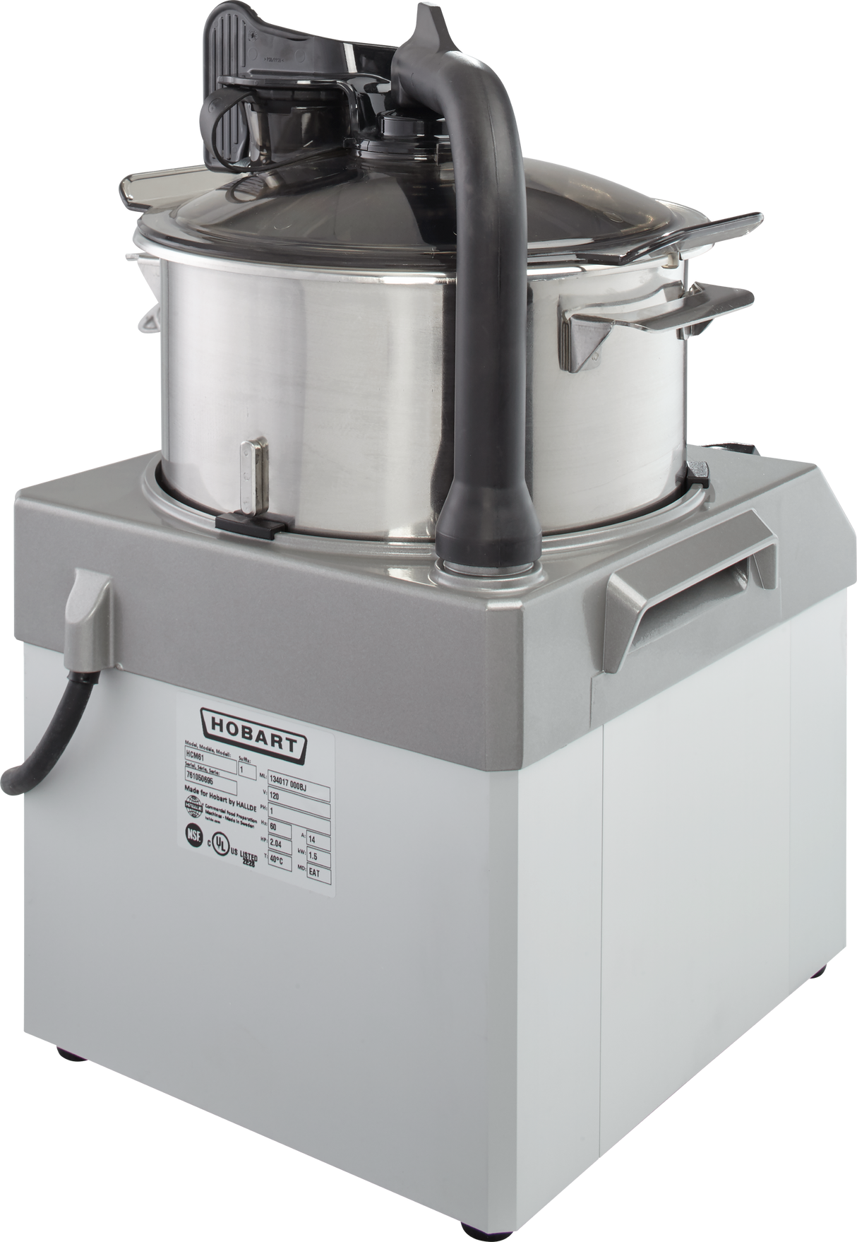 A stainless steel Hobart Food Processor with a 6 qt. bowl, clear lid, and black handle sits on a sturdy, square gray base. Control labels and a power cord are visible on the front against a plain white background.