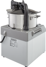 A stainless steel Hobart Food Processor with a 6 qt. bowl, clear lid, and black handle sits on a sturdy, square gray base. Control labels and a power cord are visible on the front against a plain white background.