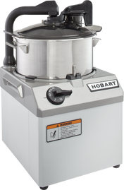 A commercial Hobart Food Processor with a 6 qt. stainless steel bowl, COOLCUTTER knives, black handle, locking lid, and control dial. The machine features a caution label and prominent Hobart logo, ideal for professional kitchen food preparation.