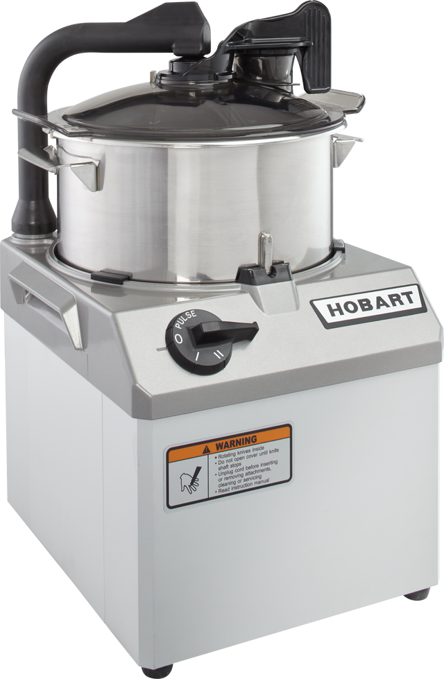 A commercial Hobart Food Processor with a 6 qt. stainless steel bowl, COOLCUTTER knives, black handle, locking lid, and control dial. The machine features a caution label and prominent Hobart logo, ideal for professional kitchen food preparation.