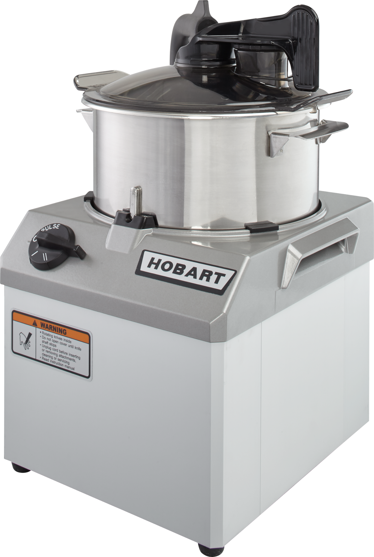 A Hobart commercial Food Processor with a 6 qt. bowl, stainless steel lid, black handle, and control knob on a silver and white base. Featuring COOLCUTTER knives, this sturdy machine has a warning label and brand logo for industrial kitchen use.