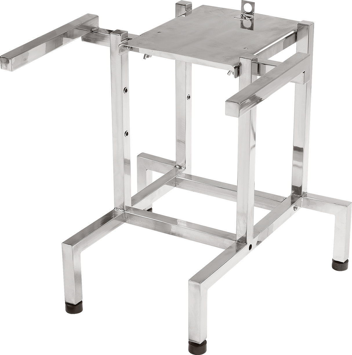 A metallic, rectangular frame with four vertical legs, horizontal supports, and rubber feet; the top has a flat platform with a handle and two arms extending outward, designed as an FP100 mount or food processor stand for industrial settings.