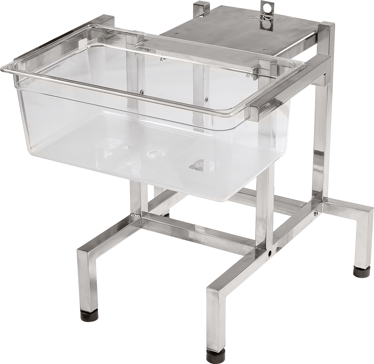 A transparent plastic infant bassinet rests on a sturdy, rectangular stainless steel frame with an FP100 mount at one end. The frame features rubber pads on the feet for stability. The bassinet is empty, set against a plain white background.