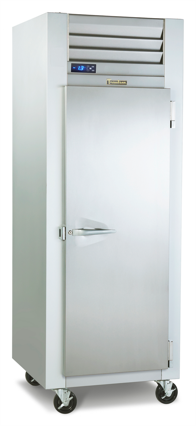 A tall, stainless steel Traulsen Reach-in Freezer with a single door, digital temperature display above the door, ventilation slats, sturdy handle, and four caster wheels for mobility, photographed against a white background.