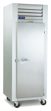 A tall Dealers Choice Freezer with a solid door, digital temperature display showing -13°C, upper air vents, a horizontal handle, and four caster wheels stands against a white background. This stainless steel reach-in freezer is built for performance.