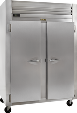 A large, stainless steel Spec-Line Freezer with two closed doors, horizontal handles, a digital temperature display at the top left, and black wheels for mobility. This ENERGY STAR reach-in freezer boasts a modern design ideal for kitchen or restaurant use.