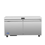 A sleek, modern Atosa undercounter refrigerator features stainless steel construction, black handles, and four caster wheels. This two-section reach-in fridge displays a blue logo on the bottom left against a plain white background.