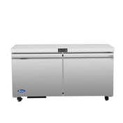 A sleek, modern Atosa undercounter refrigerator features stainless steel construction, black handles, and four caster wheels. This two-section reach-in fridge displays a blue logo on the bottom left against a plain white background.