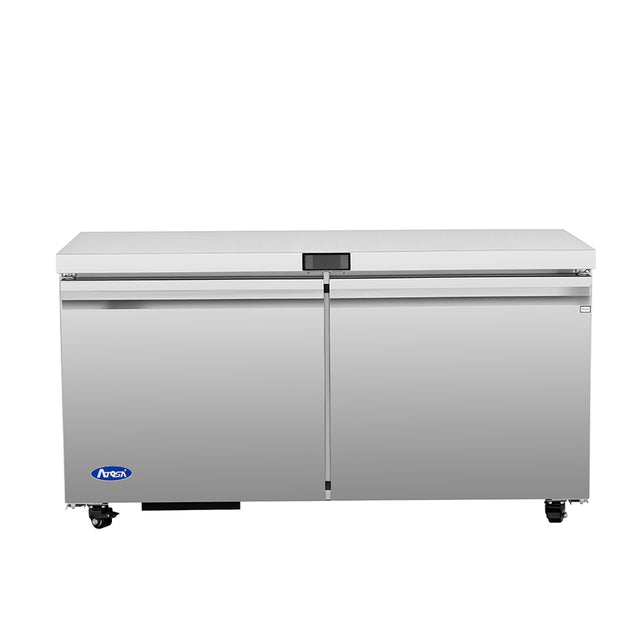 A large, stainless steel Atosa Undercounter Freezer with two doors, horizontal handles near the top, and small black wheels. The unit features a digital display above the doors and an Atosa logo on the lower left, showcasing a sleek and modern design.