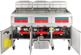 A high efficiency gas fryer with three frying units, each featuring red control panels and baskets. The lower cabinet doors are open, revealing the internal components and red fire suppression system. This ENERGY STAR fryer is on wheels and made of stainless steel.