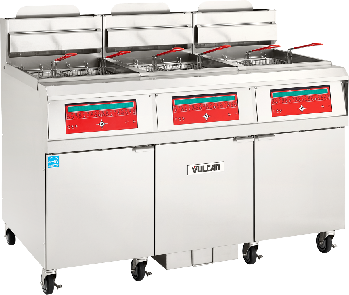 A large commercial fryer with three frying sections, each with baskets featuring red handles. This high efficiency gas fryer has stainless steel construction, red control panels with displays, is on wheels, and the Vulcan brand is visible on the front center panel.