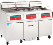 A large Vulcan QuickFry commercial fryer with three separate stainless steel fryer compartments, digital control panels, and red-handled baskets. This high efficiency gas fryer is on wheels for mobility and features the Vulcan name on the front panel.