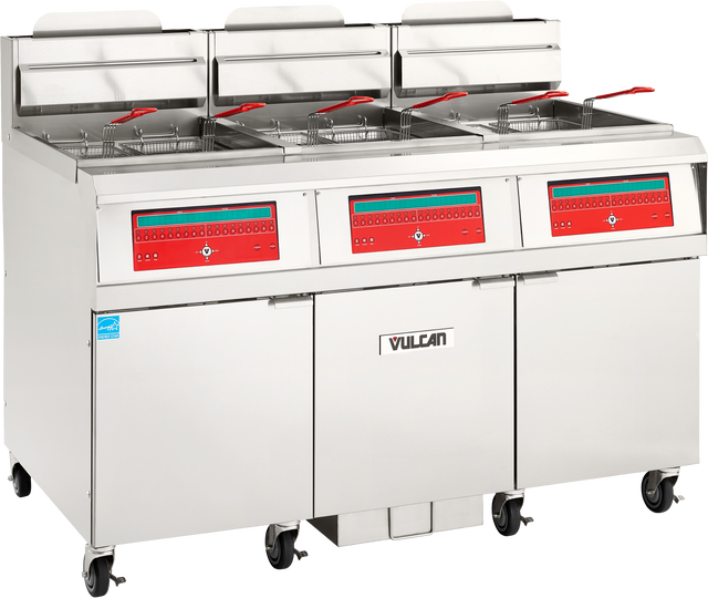 A large Vulcan QuickFry commercial fryer with three separate stainless steel fryer compartments, digital control panels, and red-handled baskets. This high efficiency gas fryer is on wheels for mobility and features the Vulcan name on the front panel.