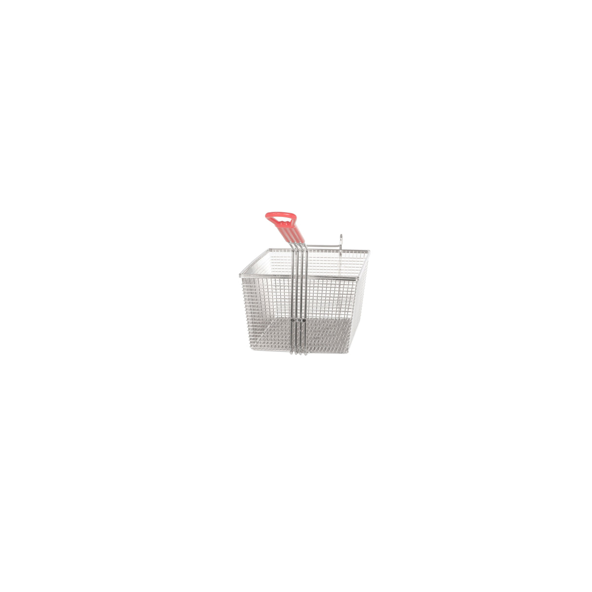 A Vulcan VBASKET-TWIN85 metal mesh fryer basket with a red plastic-coated handle is shown on a white background. Rectangular in shape, this basket is ideal for electric fryers and is commonly used as one of the twin fryer baskets in commercial kitchens.