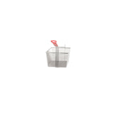 A Vulcan VBASKET-TWIN85 metal mesh fryer basket with a red plastic-coated handle is shown on a white background. Rectangular in shape, this basket is ideal for electric fryers and is commonly used as one of the twin fryer baskets in commercial kitchens.