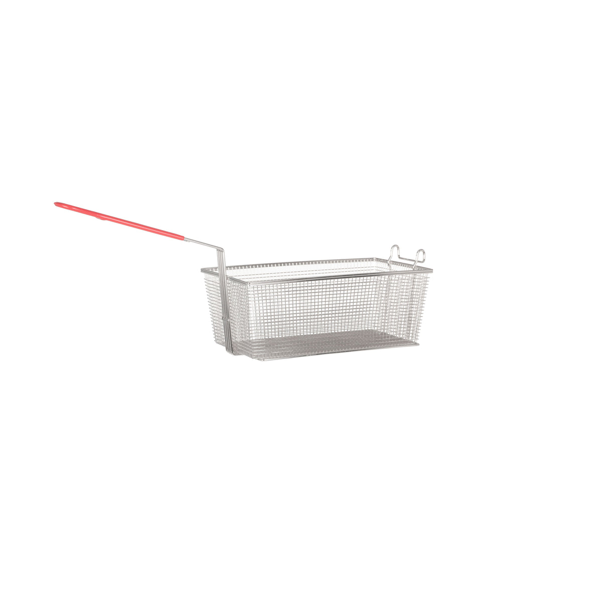 A rectangular metal wire twin fryer basket, compatible with electric fryers like the Vulcan VBASKET-TWIN85, featuring a red plastic-coated handle. The fine mesh structure and two hooks make it ideal for hanging or draining.