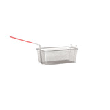 A rectangular metal wire twin fryer basket, compatible with electric fryers like the Vulcan VBASKET-TWIN85, featuring a red plastic-coated handle. The fine mesh structure and two hooks make it ideal for hanging or draining.