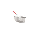 A metal deep fryer basket with mesh sides and a red plastic-coated handle, isolated on white. Compatible with electric fryers, this Vulcan VBASKET-TWIN85 is angled to show its depth and construction; ideal for use as twin fryer baskets.