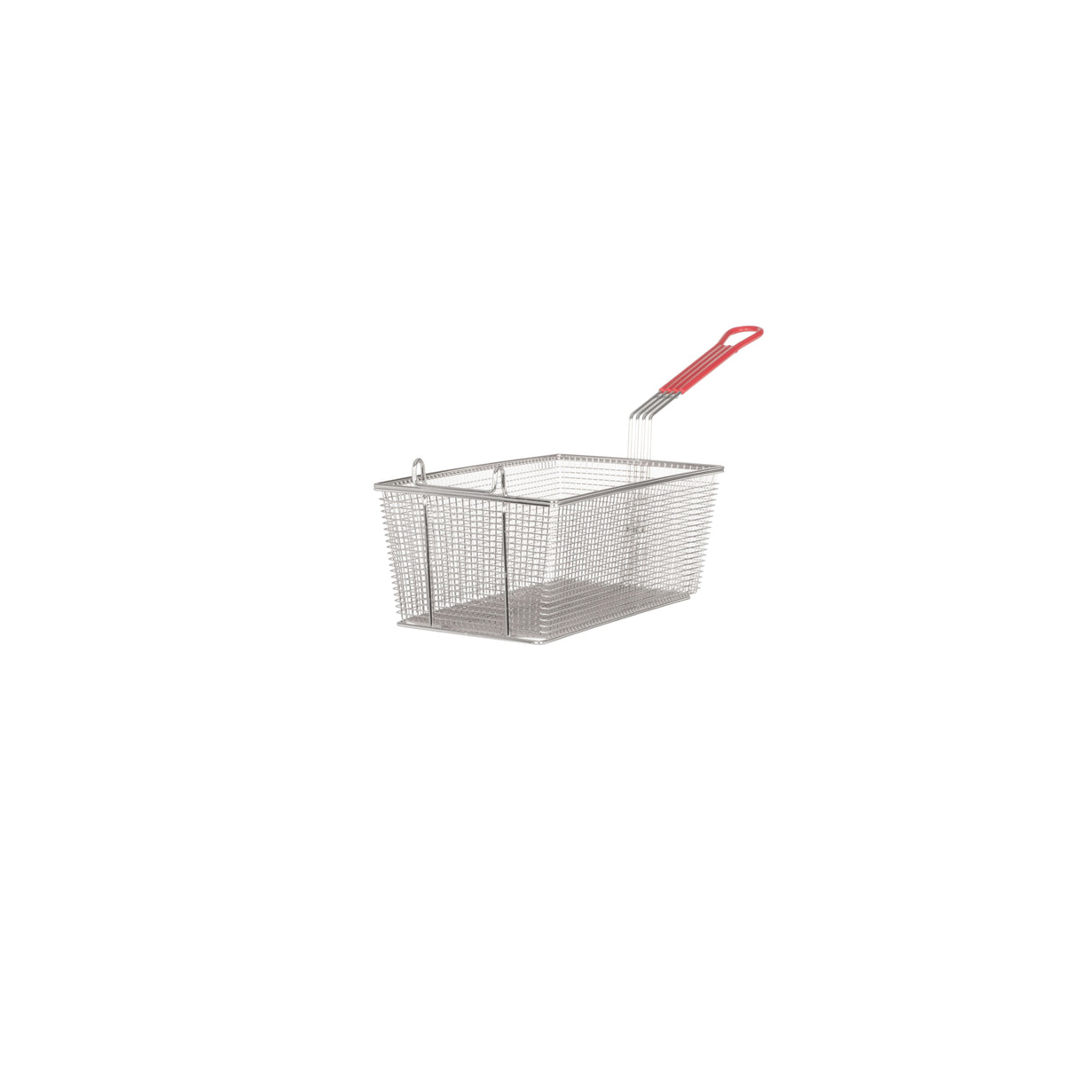 A rectangular Vulcan VBASKET-TWIN85 metal wire deep fryer basket with a long handle covered in red insulation. The mesh design fits electric fryers and allows oil to drain, while the upward-angled handle ensures easy gripping.