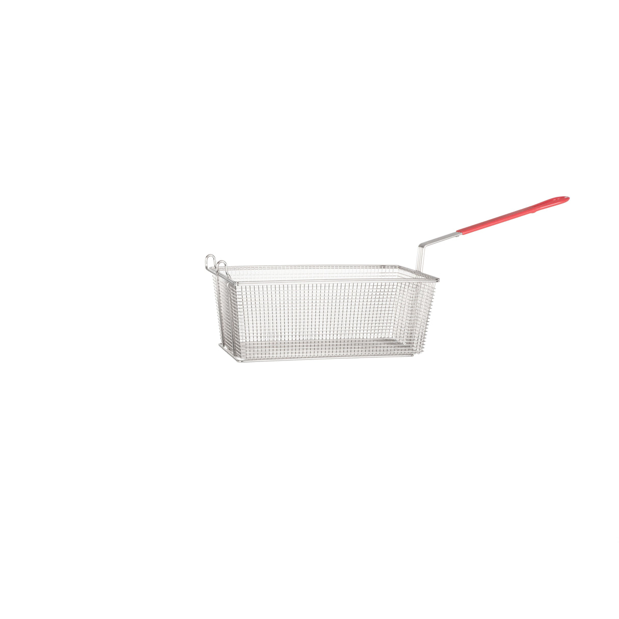 A Vulcan VBASKET-TWIN85 rectangular metal wire mesh basket for electric fryers features a red plastic-coated handle, extending diagonally upward to the right. The twin fryer basket is empty and displayed against a plain white background.