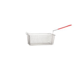 A Vulcan VBASKET-TWIN85 rectangular metal wire mesh basket for electric fryers features a red plastic-coated handle, extending diagonally upward to the right. The twin fryer basket is empty and displayed against a plain white background.
