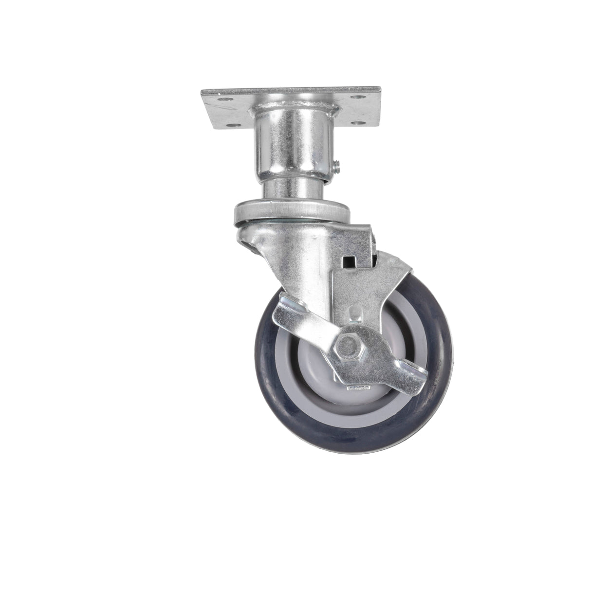 A 6 inch plate mount caster wheel with a gray rubber tire, mounted on a silver bracket with a rectangular top plate and side brake lever, shown against a plain white background. Ideal for use as adjustable casters in various applications.