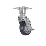 A single 6 inch plate mount caster wheel with a black rubber tire and top mounting plate is shown. The caster features an integrated metal brake lever for locking the wheel in place. A white background highlights the caster’s details.