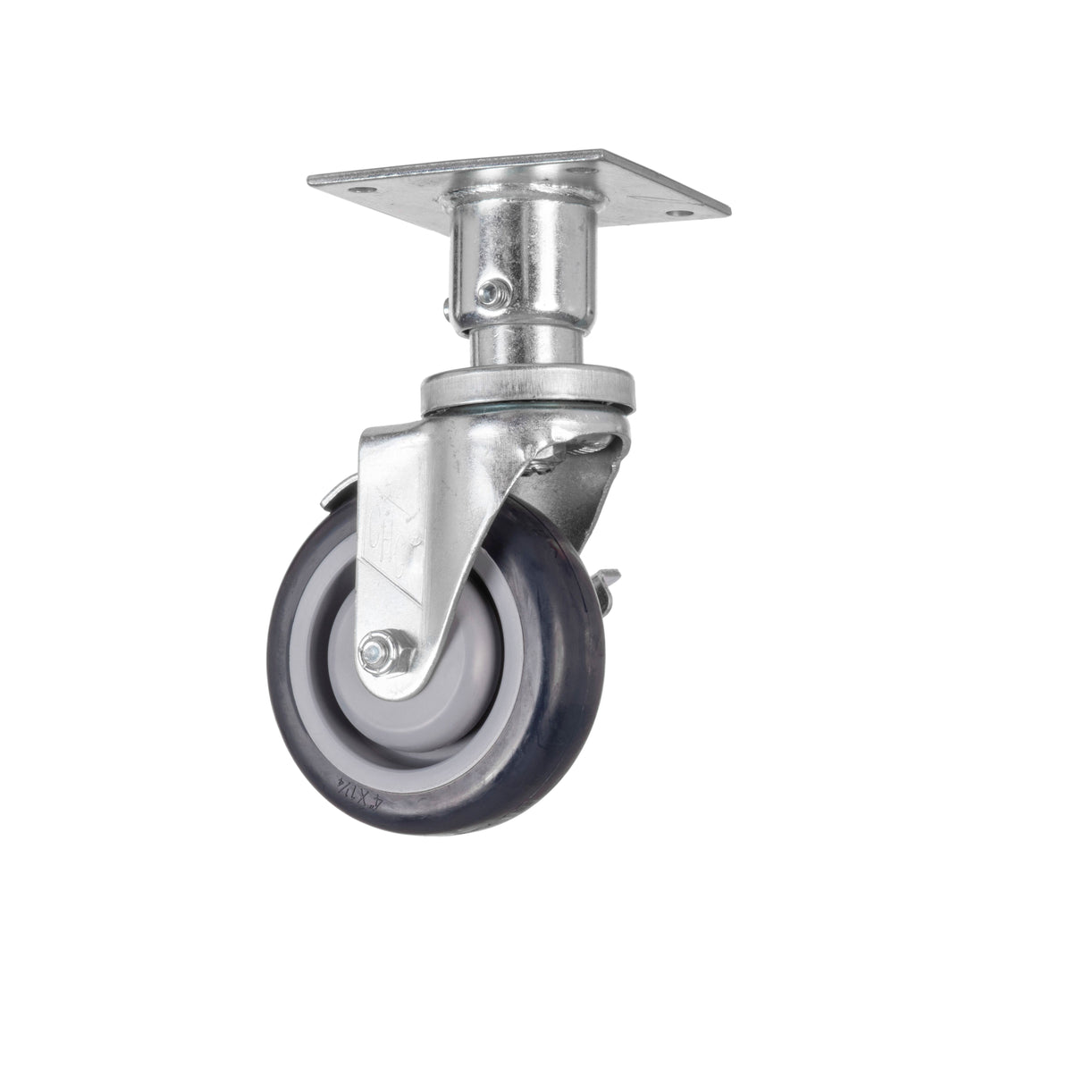 A single 6 inch plate mount caster wheel with a metal mounting plate and black rubber tire. The wheel is attached to a metal bracket, allowing 360-degree rotation for smooth maneuverability. The background is plain white.