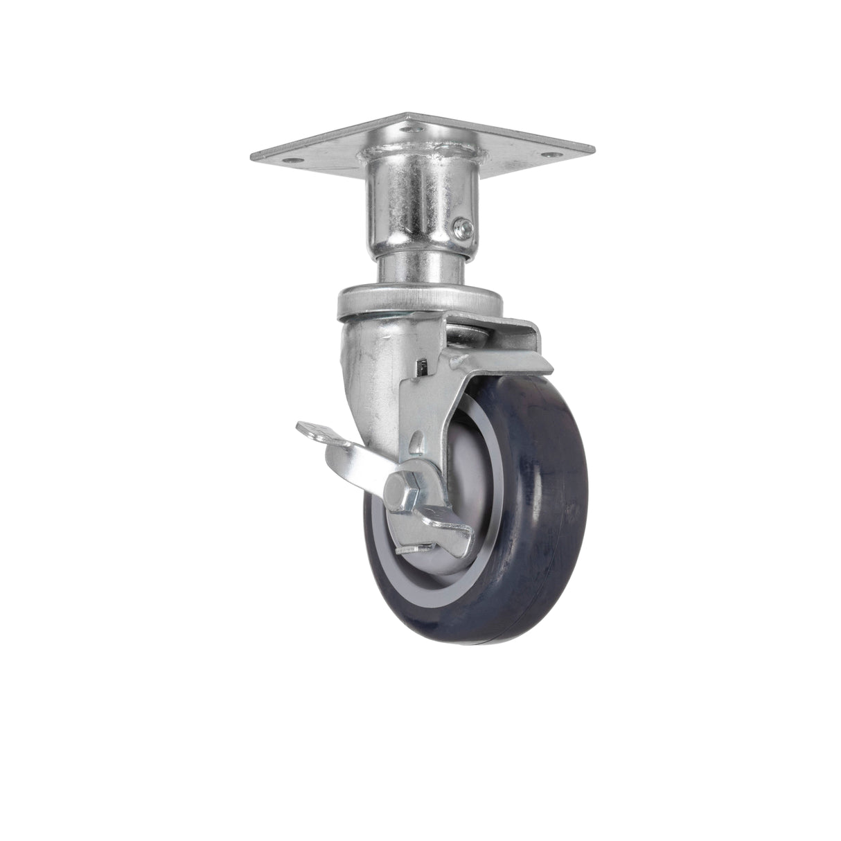 A single 6 inch plate mount caster wheel with a blue rubber tire, metal frame, and brake lever. The plain white background highlights the caster’s industrial design and construction.
