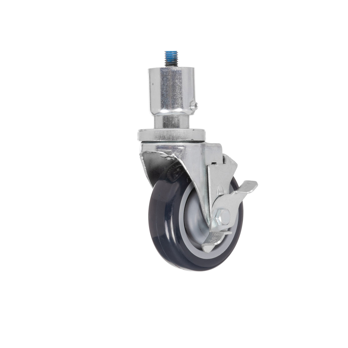 A single swiveling caster wheel with a metal bracket, blue tread, and brake lever. Featuring a 6 inch overall height, this adjustable caster has a threaded metal stem for attachment. The image is isolated on a white background.