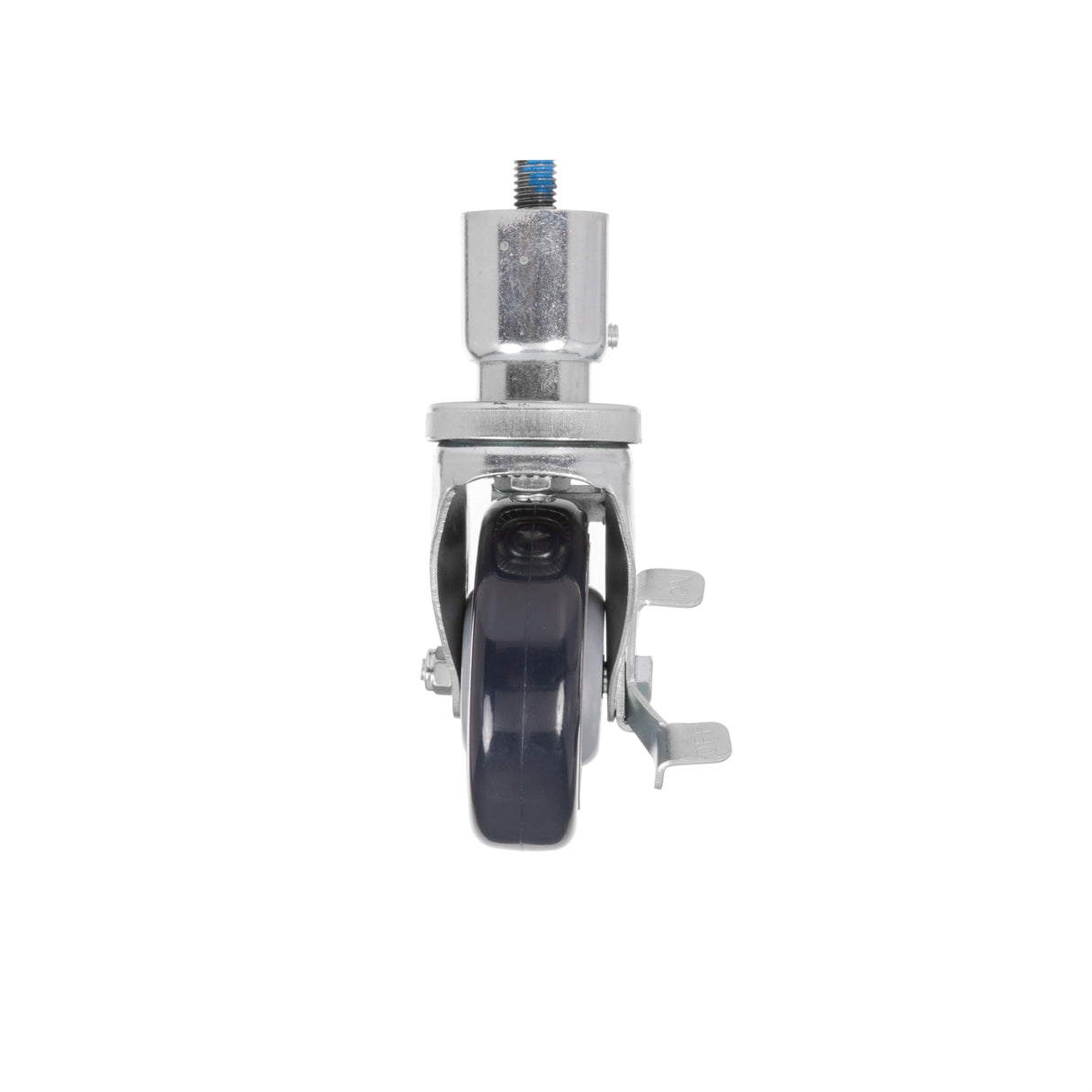 A black swivel caster wheel with a metal mounting bracket, adjustable casters blue-threaded stem, side brake lever, and 6 inch overall height, shown from the front against a white background. The metallic components are clearly visible.