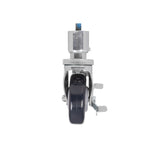 A black swivel caster wheel with a metal mounting bracket, adjustable casters blue-threaded stem, side brake lever, and 6 inch overall height, shown from the front against a white background. The metallic components are clearly visible.
