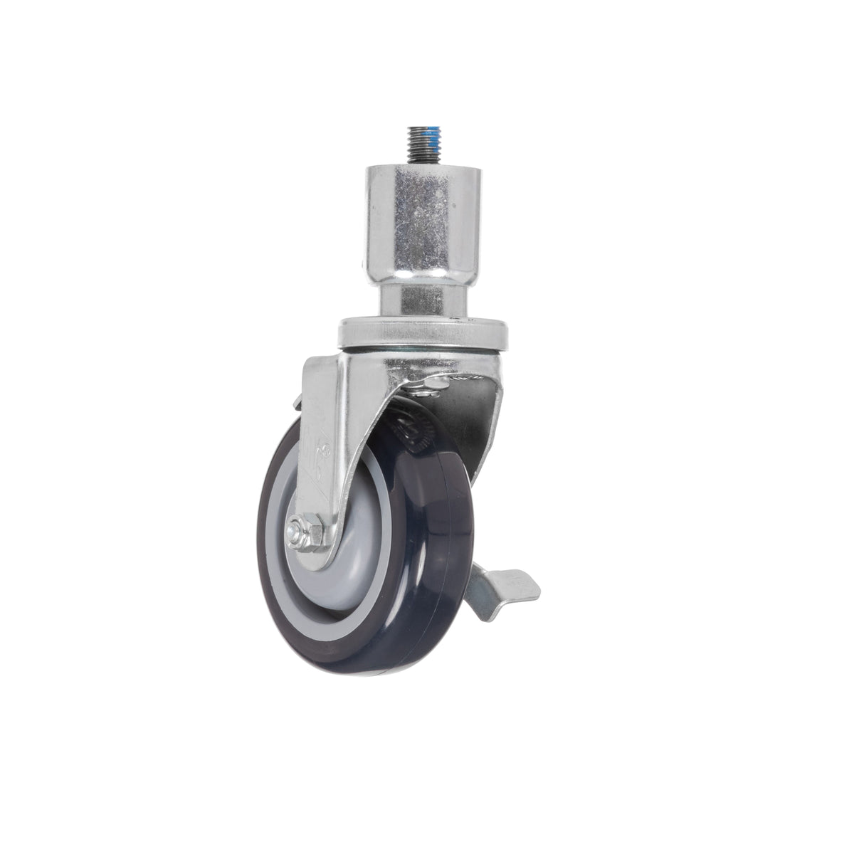 A single adjustable caster wheel with a metal mounting stem and bracket, black and gray rubber wheel, and metal brake lever attached. Features a 6 inch overall height. The background is plain white.